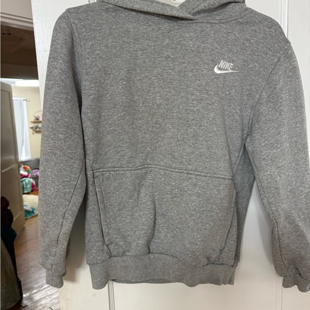 Nike Gray Sweatshirt with Classic Swoosh and Ribbed Cuffs